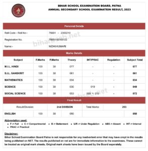 Bihar Board Matric Result 2023 Download Link